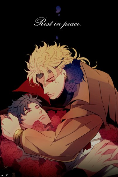 Anime picture 700x1041 with jojo no kimyou na bouken dio brando jonathan joestar takashi (huzakenna) long hair tall image short hair black hair simple background blonde hair red eyes eyes closed multiple boys hug piercing text black background ear piercing english death