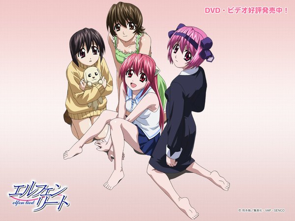 Anime picture 1024x768 with elfen lied arms corporation lucy nana (elfen lied) mayu yuka kishimoto seiji long hair looking at viewer short hair open mouth black hair smile red eyes brown hair sitting bare shoulders multiple girls brown eyes pink eyes