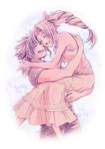 Anime picture 900x1280 with final fantasy final fantasy vii square enix aerith gainsborough zack fair nonosaki long hair tall image fringe short hair simple background smile bare shoulders holding eyes closed arm support hug pink skin girl dress