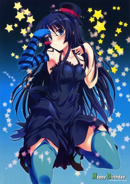 Anime picture 2617x3707 with k-on! kyoto animation akiyama mio long hair tall image highres blue eyes black hair girl thighhighs hat food star (symbol) berry (berries) cherry