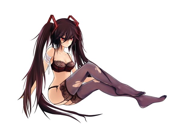 Anime picture 2300x1600 with vocaloid hatsune miku zatsune miku eva200499 single long hair highres light erotic black hair simple background red eyes brown hair white background sitting twintails bare shoulders looking away underwear only girl thighhighs