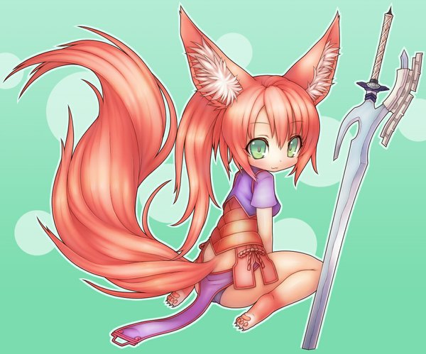 Anime picture 1106x921 with blade & soul lyn (blade & soul) the same one (artist) single long hair looking at viewer blush green eyes animal ears red hair animal tail girl weapon sword