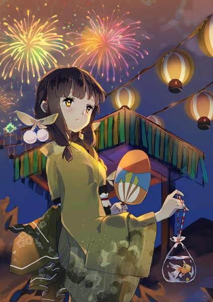 Anime picture 800x1131 with kantai collection kitakami light cruiser yukizakura (neon-neon) single long hair tall image blush fringe brown hair yellow eyes looking away traditional clothes japanese clothes light smile fireworks festival girl animal kimono fish (fishes)