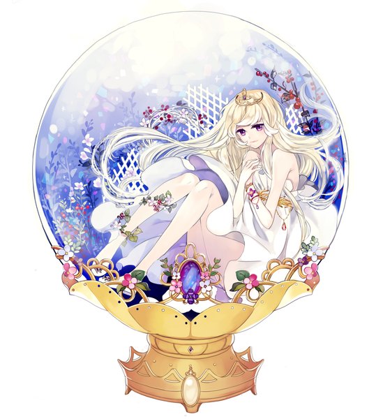 Anime picture 1799x2000 with original kyang692 single long hair tall image highres white background purple eyes bare shoulders white hair in container girl dress flower (flowers) plant (plants) crown snow globe