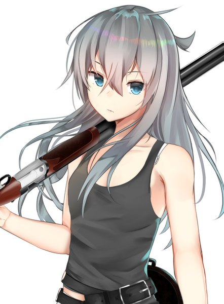 Anime picture 1152x1563 with kantai collection playerunknown's battlegrounds hibiki destroyer verniy destroyer ikashun single long hair tall image looking at viewer fringe blue eyes simple background hair between eyes white background holding silver hair upper body ahoge parted lips flat chest