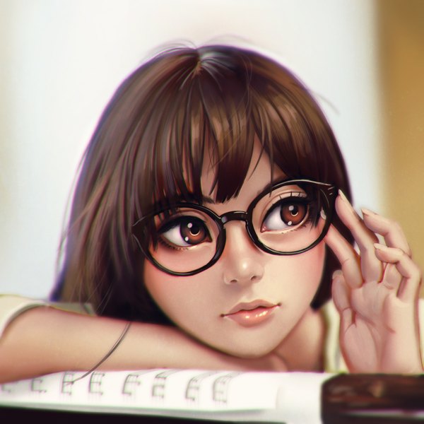 Anime picture 3150x3150 with original nikita varb single long hair fringe highres brown hair brown eyes looking away absurdres lips realistic close-up girl glasses
