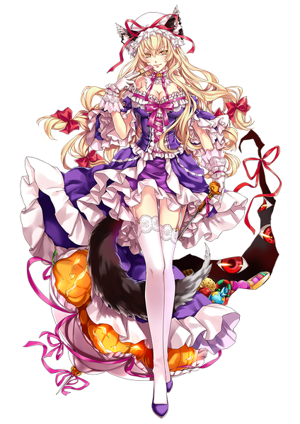Anime picture 800x1131 with touhou yakumo yukari kingchenxi single long hair tall image looking at viewer breasts blonde hair smile large breasts bare shoulders animal ears yellow eyes cleavage tail animal tail girl thighhighs dress