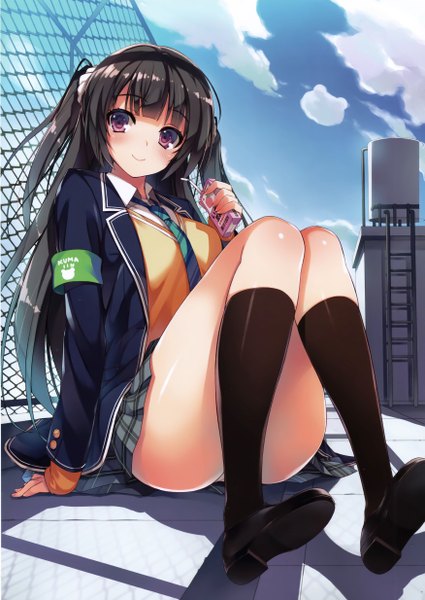 Anime picture 3500x4936 with original tomose shunsaku single long hair tall image looking at viewer blush highres light erotic black hair smile purple eyes absurdres sky cloud (clouds) scan knees together feet apart girl skirt uniform