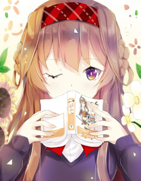 Anime picture 1001x1280 with kantai collection kongou battleship skyline-keng single long hair tall image looking at viewer brown hair purple eyes one eye closed wink hair bun (hair buns) girl flower (flowers) hairband book (books) sweater sunflower