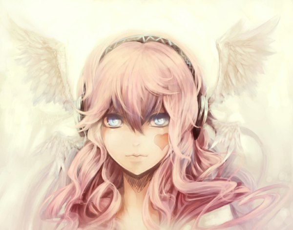 Anime picture 1024x806 with vocaloid megurine luka jian lu (artist) single long hair looking at viewer fringe pink hair aqua eyes face head wings girl wings heart headphones