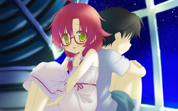 Anime picture 2048x1280 with irotoridori no sekai minami kana (irotoridori) shida kazuhiro highres short hair black hair wide image green eyes game cg red hair glasses child (children)