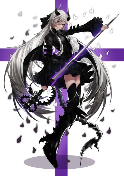 Anime picture 2894x4093 with original pantsumoriko single long hair tall image fringe highres holding tail very long hair horn (horns) grey hair grey eyes demon girl thighhighs dress weapon black thighhighs petals