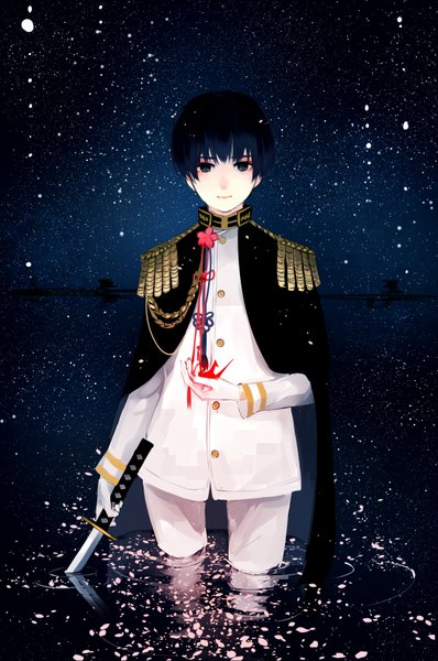 Anime picture 564x850 with axis powers hetalia studio deen japan (hetalia) syokumura single tall image looking at viewer short hair standing blue hair black eyes night night sky partially submerged reflection horizon clothes on shoulders boy uniform weapon