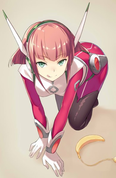 Anime picture 1040x1600 with mobile suit gundam gundam g no reconguista sunrise (studio) barara peol cccpo single tall image looking at viewer fringe short hair light erotic simple background green eyes on all fours licking naughty face girl gloves tongue headphones