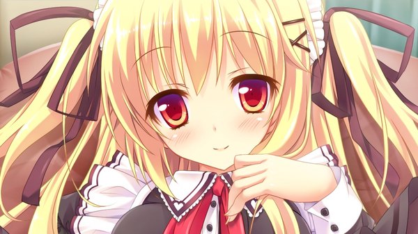 Anime picture 1024x576 with hanayome to maou celica tepes lunatica single long hair looking at viewer blush blonde hair smile red eyes wide image game cg maid girl ribbon (ribbons) hair ribbon headdress maid headdress x hair ornament