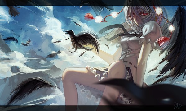 Anime picture 1447x861 with touhou kirisame marisa shameimaru aya urami (artist) long hair short hair blonde hair red eyes wide image multiple girls sky cloud (clouds) white hair flying black wings witch broom riding girl skirt 2 girls