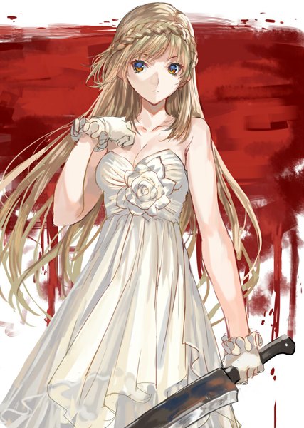 Anime picture 712x1000 with original ranou single long hair tall image looking at viewer fringe breasts blonde hair standing bare shoulders brown eyes girl dress gloves flower (flowers) weapon white gloves white dress blood