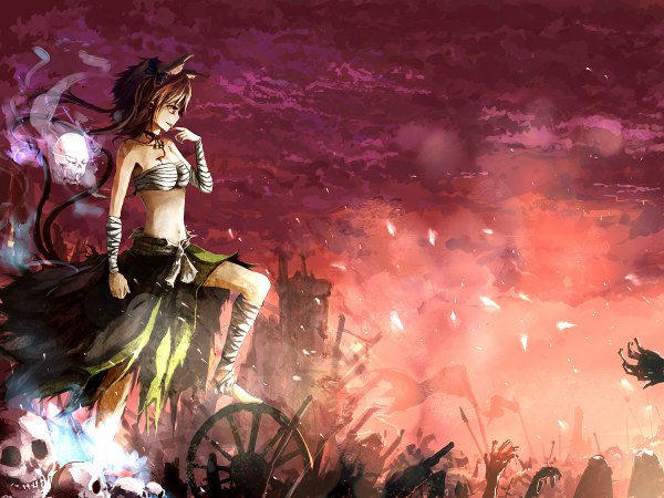 Anime picture 1200x900 with touhou kaenbyou rin sishenfan single short hair black hair red eyes brown hair bare shoulders animal ears sky profile barefoot cat ears cat girl torn clothes finger to mouth red background girl navel