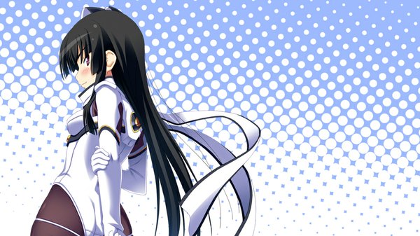 Anime picture 1024x576 with makai tenshi djibril ayanokouji aoi long hair blush black hair smile wide image game cg pink eyes looking back girl gloves ribbon (ribbons) pilot suit