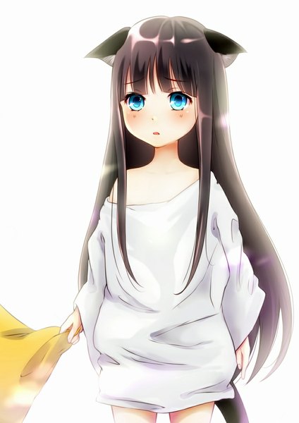 Anime picture 762x1077 with original conone single long hair tall image looking at viewer blush open mouth blue eyes black hair simple background white background bare shoulders animal ears tail animal tail cat ears cat tail girl child (children)
