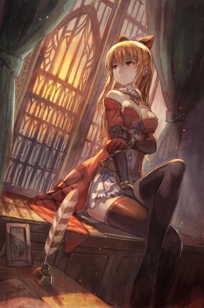 Anime picture 1325x2000 with granblue fantasy vira lilie lack single long hair tall image blush fringe breasts light erotic blonde hair hair between eyes red eyes large breasts sitting bare shoulders payot looking away sky cleavage