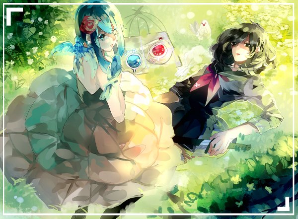 Anime picture 1200x883 with original manbou no shigai long hair looking at viewer fringe short hair blue eyes black hair hair between eyes sitting bare shoulders multiple girls holding payot blue hair lying parted lips pleated skirt hair flower from above