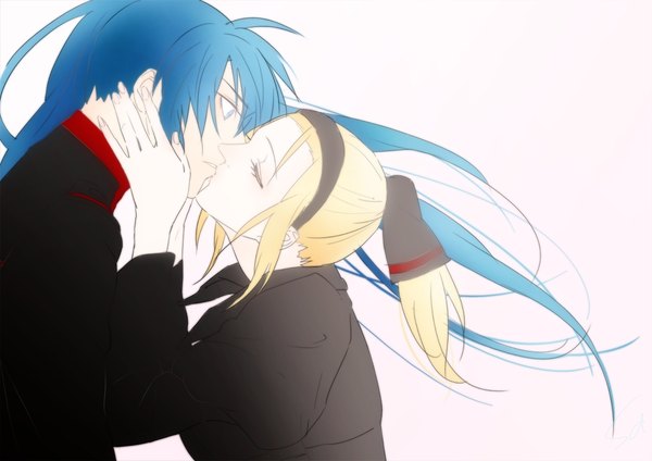 Anime picture 989x700 with d.gray-man kanda yuu alma karma shiduki24 long hair blue eyes simple background blonde hair white background blue hair ponytail eyes closed profile couple face to face kiss surprised hand on cheek hands on face girl