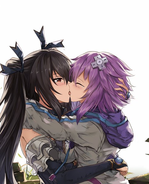 Anime picture 800x988 with choujigen game neptune noire neptune (choujigen game neptune) white crow long hair tall image blush short hair light erotic black hair red eyes white background multiple girls purple hair eyes closed hug shoujo ai kiss girl dress