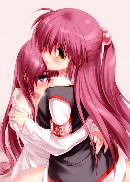 Anime picture 1000x1402 with little busters! key (studio) saigusa haruka futaki kanata zen (kamuro) long hair tall image looking at viewer blush blue eyes light erotic white background multiple girls brown eyes purple hair hug shoujo ai girl hair ornament 2 girls