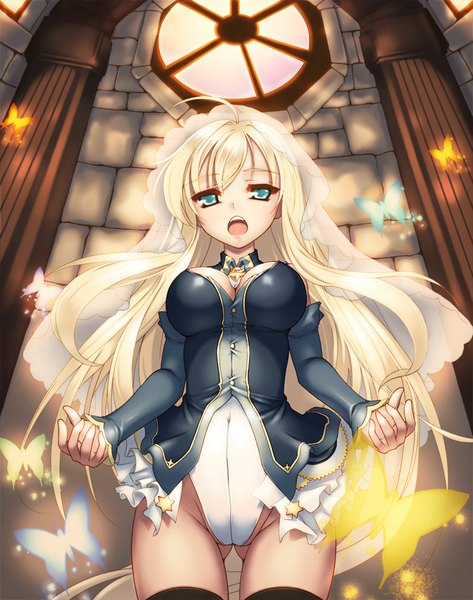 Anime picture 750x950 with sword girls helena k sink ecell (artist) single long hair tall image looking at viewer breasts open mouth light erotic blonde hair green eyes girl thighhighs black thighhighs insect butterfly clothes wedding veil
