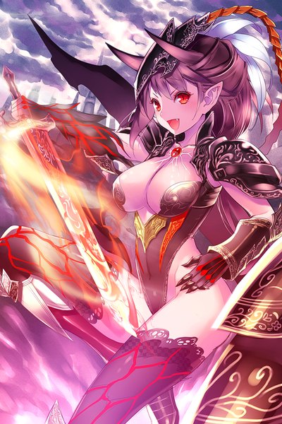 Anime picture 585x877 with original siso (artist) single long hair tall image blush breasts open mouth light erotic red eyes brown hair horn (horns) pointy ears teeth fang (fangs) magic demon girl pink skin girl thighhighs