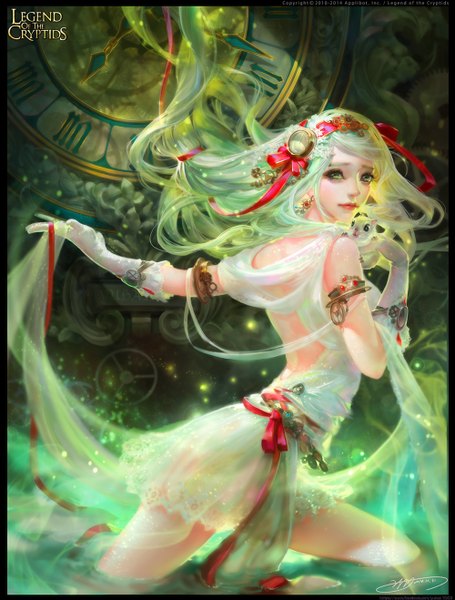 Anime picture 1000x1317 with legend of the cryptids yu-han single long hair tall image looking at viewer green eyes signed animal ears green hair lips bare back girl dress gloves hair ornament ribbon (ribbons) hair ribbon earrings white gloves