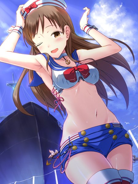 Anime picture 1000x1334 with idolmaster idolmaster cinderella girls nitta minami tagme (artist) single long hair tall image blush fringe breasts open mouth brown hair standing brown eyes sky cloud (clouds) midriff shiny skin happy girl
