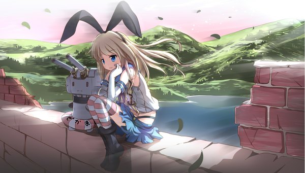 Anime picture 2205x1254 with kantai collection shimakaze destroyer rensouhou-chan risutaru long hair highres blue eyes blonde hair wide image sitting looking away wind zettai ryouiki landscape scenic hand on face lake broken girl thighhighs
