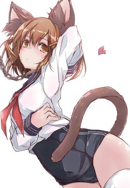 Anime picture 600x868 with kantai collection ikazuchi destroyer yumesato makura single tall image looking at viewer short hair light erotic simple background brown hair white background brown eyes animal ears tail animal tail cat ears cat girl cat tail zettai ryouiki arm behind head