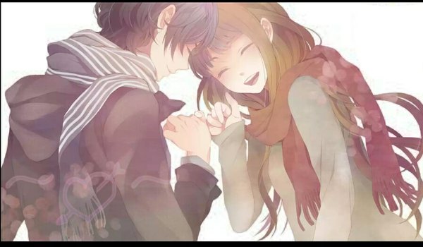 Anime picture 898x524 with nico nico singer soraru long hair blush short hair open mouth black hair simple background smile brown hair wide image white background looking away eyes closed couple holding hands happy girl boy heart