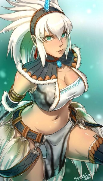 Anime picture 800x1400 with monster hunter kirin (armor) non (nonzile) single long hair tall image looking at viewer breasts light erotic large breasts white hair horn (horns) aqua eyes girl navel