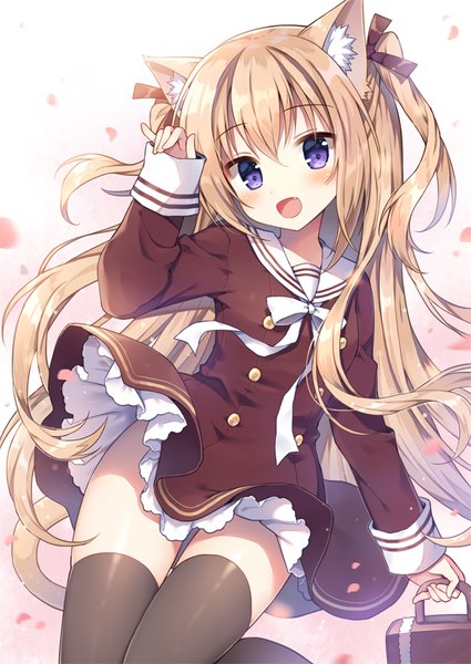 Anime picture 620x876 with original mauve single long hair tall image blush fringe open mouth blonde hair smile hair between eyes purple eyes animal ears tail animal tail cat ears cat girl cat tail two side up girl