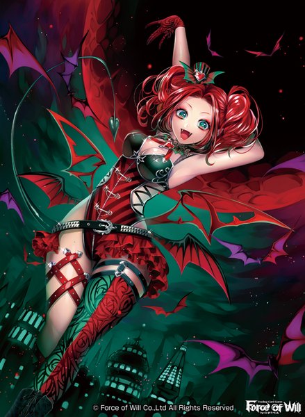 Anime picture 600x820 with original matsurika youko single tall image looking at viewer short hair breasts open mouth blue eyes light erotic red hair fang (fangs) dark background vampire girl thighhighs dress hat animal wings