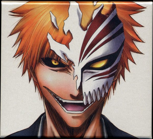 Anime picture 1730x1570 with bleach studio pierrot kurosaki ichigo highres yellow eyes orange hair border close-up hollow boy mask