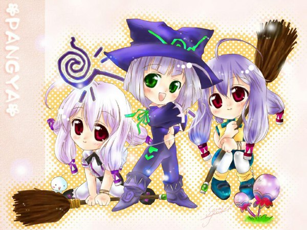 Anime picture 1024x768 with pangya tiki (pangya) cadie long hair short hair red eyes green eyes purple hair white hair chibi albino wagashi mochi minty