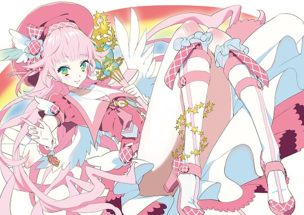 Anime picture 1228x868 with original kishiwada robin single long hair smile green eyes pink hair high heels legs girl dress hat wings star (stars) wand rainbow