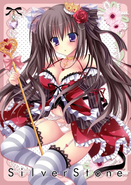 Anime picture 710x1000 with alice in wonderland original queen of hearts kirishima riona single long hair tall image looking at viewer fringe light erotic brown hair purple eyes twintails pantyshot girl thighhighs hair ornament underwear panties choker