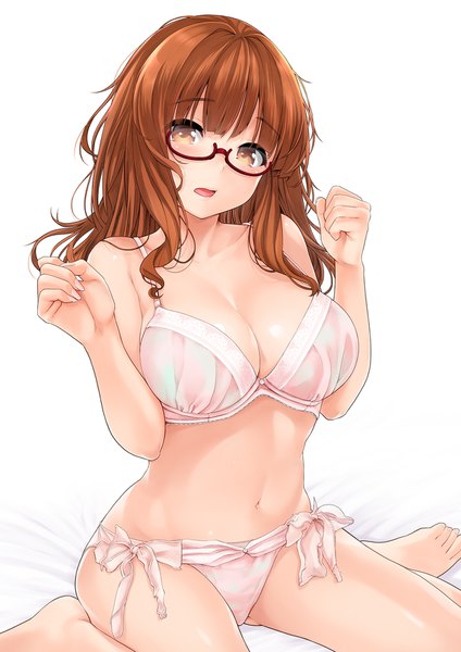 Anime picture 1240x1754 with girls und panzer takebe saori harino646 single long hair tall image looking at viewer blush fringe breasts open mouth light erotic simple background hair between eyes brown hair large breasts white background sitting brown eyes cleavage