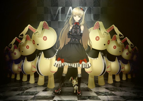 Anime picture 2000x1410 with vocaloid mayu (vocaloid) usano mimi oki (koi0koi) long hair looking at viewer highres blonde hair bare shoulders yellow eyes checkered floor girl dress hair ornament bow detached sleeves earrings black dress jewelry toy