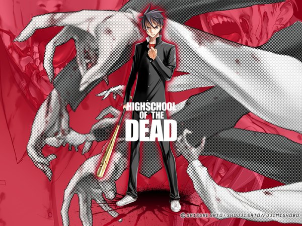 Anime picture 1600x1200 with highschool of the dead madhouse komuro takashi black hair boy serafuku hands baseball bat