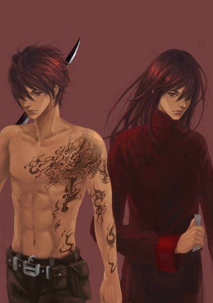 Anime picture 2079x2953 with daomu (grave robbery note) todamare long hair tall image fringe highres short hair simple background red eyes red hair traditional clothes hair over one eye tattoo topless boy weapon sword belt katana pants