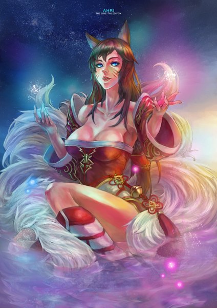 Anime picture 2480x3508 with league of legends ahri (league of legends) monori rogue single long hair tall image fringe highres breasts blue eyes light erotic black hair bare shoulders animal ears looking away cleavage tail lips wide sleeves teeth