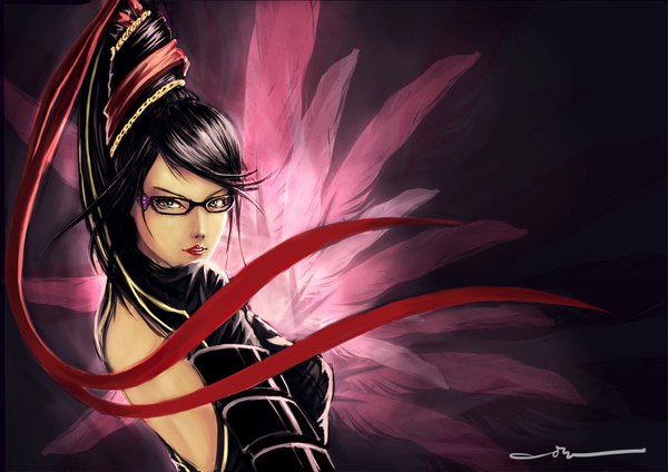 Anime picture 1024x724 with bayonetta bayonetta (character) tagme (artist) single long hair looking at viewer black hair green eyes signed bare back eyeshadow girl glasses bodysuit