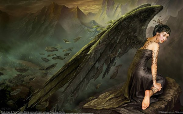 Anime picture 1680x1050 with original tang yuehui single short hair black hair wide image bare shoulders barefoot black eyes tattoo kneeling mountain black wings girl dress earrings wings feather (feathers)